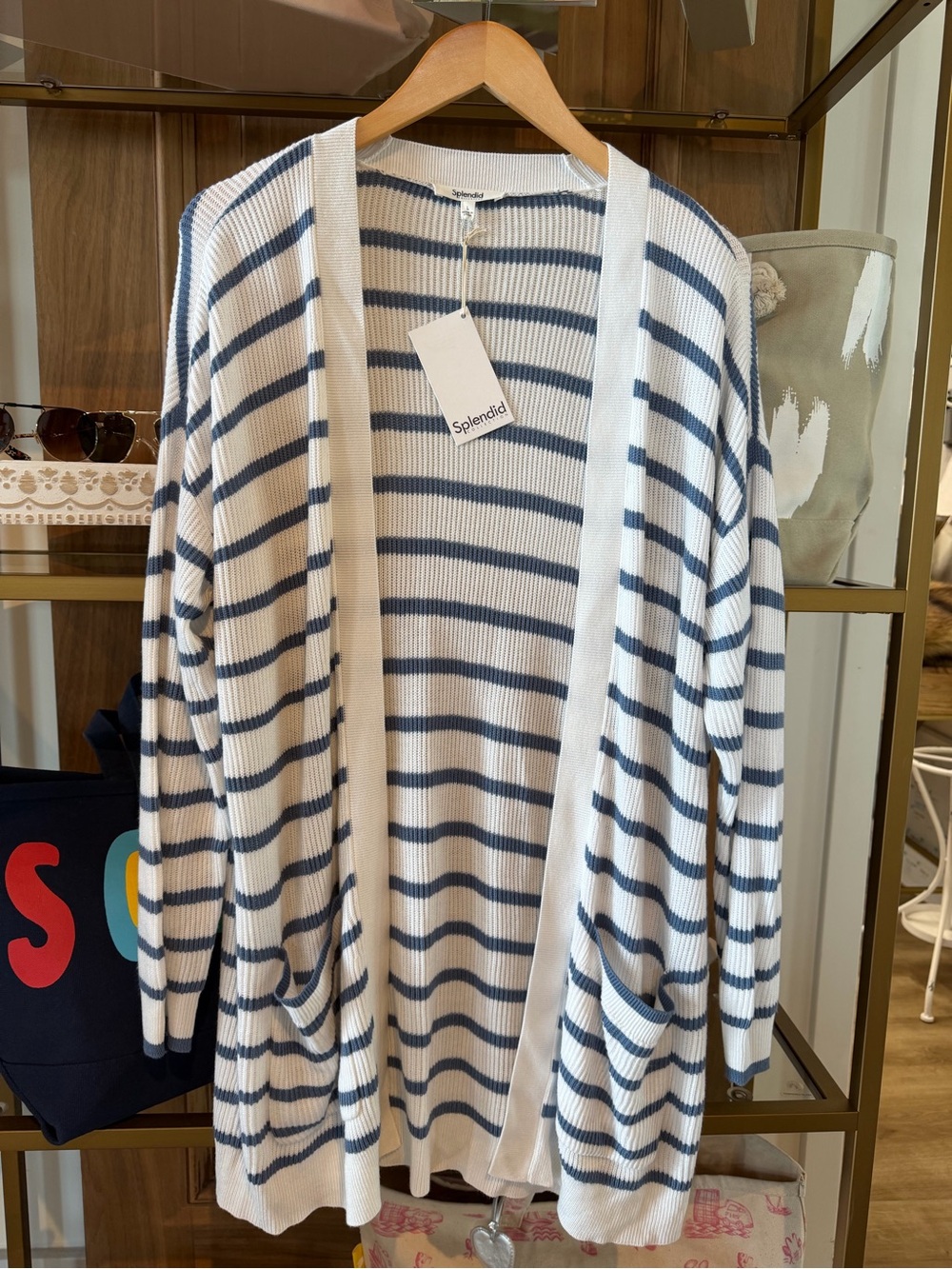 Splendid White and Navy Striped Open-Front Cardigan